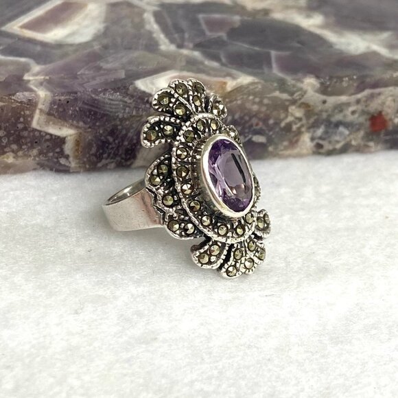 Sterling Silver 925 HAN Thai Oval Amethyst 1" Large Marcasite Ring Sz 6.25 - Picture 3 of 16